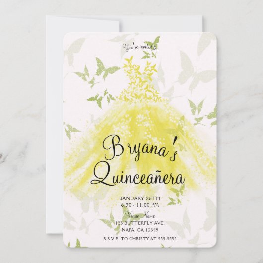 Invitation Papillon jaune vert robe de danse Quinceañera (Devant)