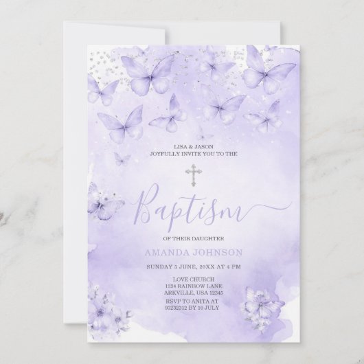 Invitation Papillon Lavande Argent Baptême Violet (Devant)