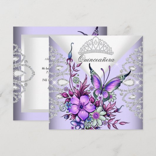Invitation Papillon Lilac pourpre Tiara Quinceanera Floral (Devant / Derrière)