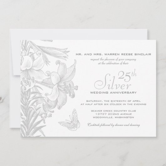 Invitation Papillon Lilies Argent 25e anniversaire Mariage (Devant)
