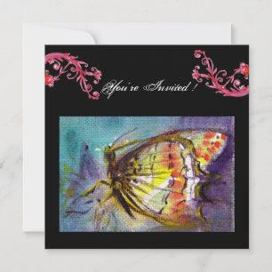 INVITATION PAPILLON MAGIQUE AVEC TOURBILLONS FLORAUX ROUGES ,