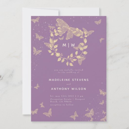 Invitation Papillon Mariage Lavender Or Monogrammes élégant (Devant)