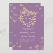 Invitation Papillon Mariage Lavender Or Monogrammes élégant (Devant / Derrière)