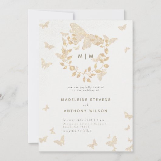 Invitation Papillon Mariage Or Monogrammes Wreath Élégant (Devant)