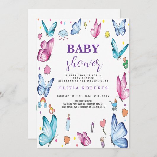 Invitation papillon mauve Petit Baby shower cool (Devant / Derrière)
