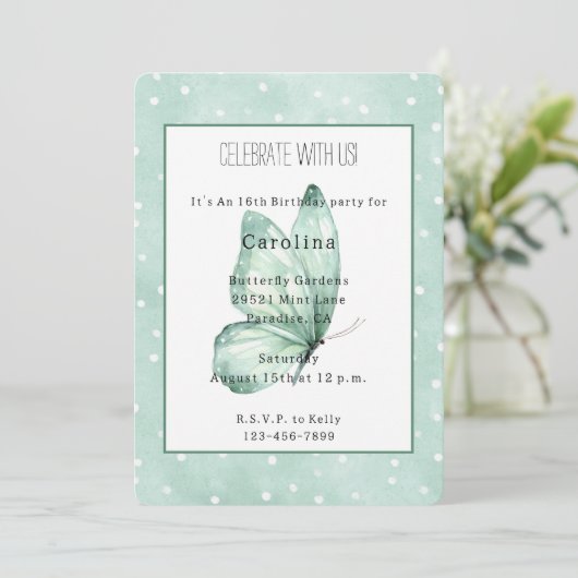 Invitation Papillon Menthe Points Blancs Anniversaire (Debout devant)