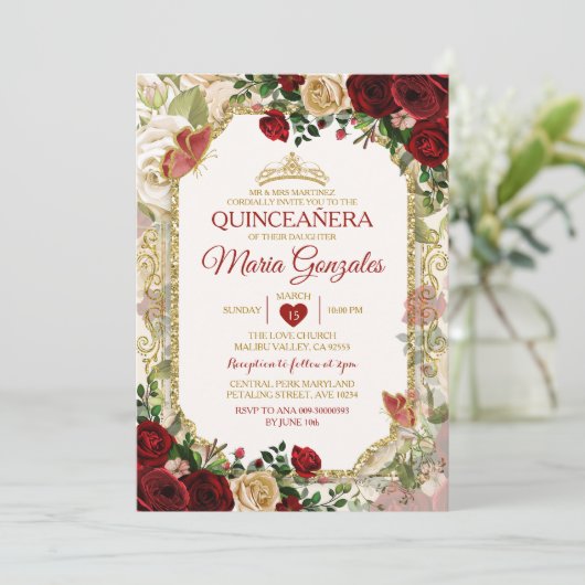 Invitation Papillon mexicain Quinceañera Rouge & Or Couronne (Debout devant)