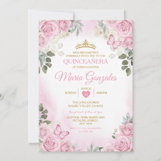 Invitation Papillon mexicain rose Quinceañera Gold Crown (Devant)