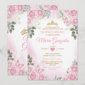 Invitation Papillon mexicain rose Quinceañera Gold Crown (Devant / Derrière)