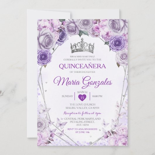 Invitation Papillon mexicain violet Lilac Quinceañera Couronn (Devant)