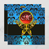 Invitation PAPILLON MONOGRAMME HYPER, damas bleu, rubis rouge (Devant / Derrière)