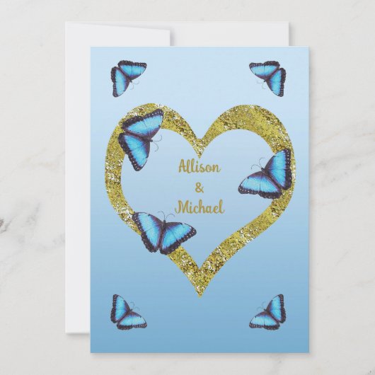 Invitation Papillon morpho bleu avec mariage de coeur doré (Devant)