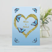 Invitation Papillon morpho bleu avec mariage de coeur doré (Debout devant)