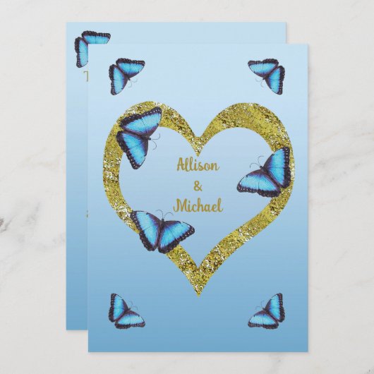Invitation Papillon morpho bleu avec mariage de coeur doré (Devant / Derrière)