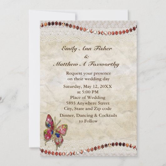 Invitation Papillon mousseux, dentelle et Mariage de parchemi (Devant)