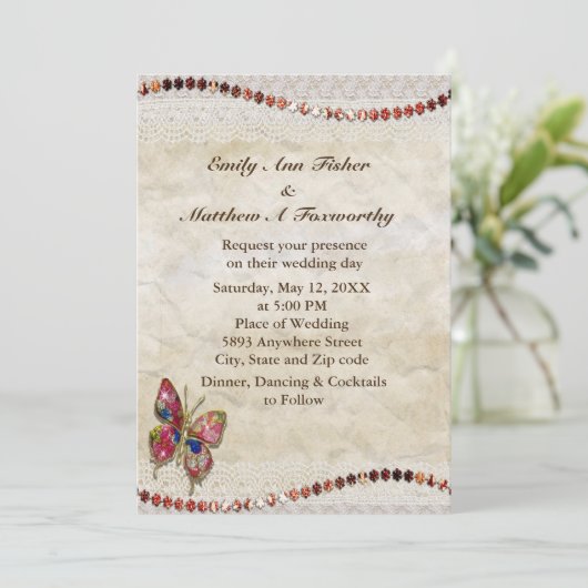 Invitation Papillon mousseux, dentelle et Mariage de parchemi (Debout devant)