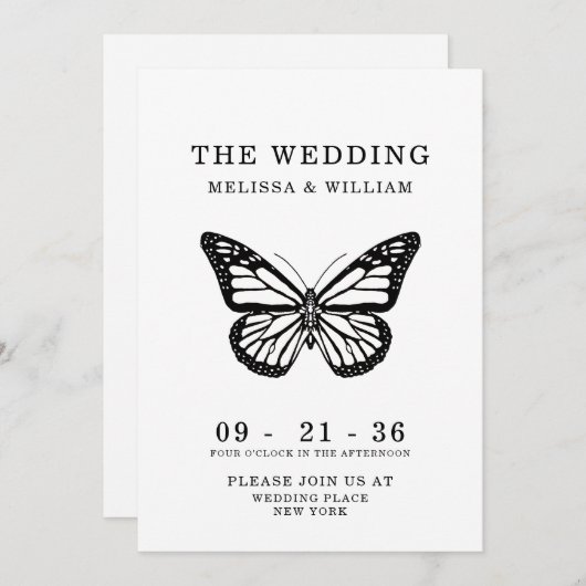 Invitation Papillon noir et blanc Mariage simple moderne (Devant / Derrière)