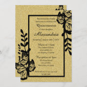 Invitation Papillon noir et or Quinceanera (Devant / Derrière)