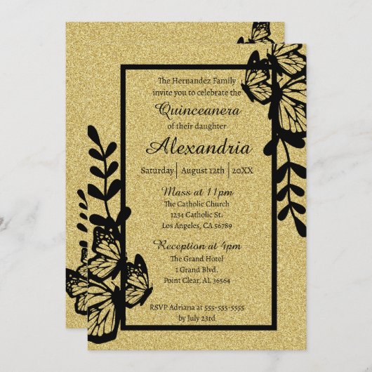 Invitation Papillon noir et or Quinceanera (Devant / Derrière)
