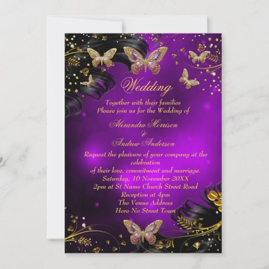 Invitation Papillon noir mariage Sparkle violet or (Devant)