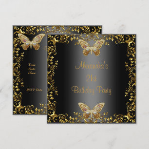 Invitation Papillon noir or élégant pour 21e anniversaire