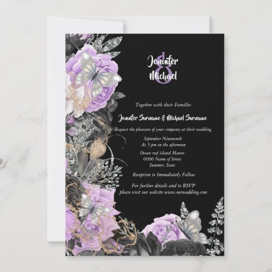 Invitation Papillon noir violet rose chic mariage élégant (Devant)