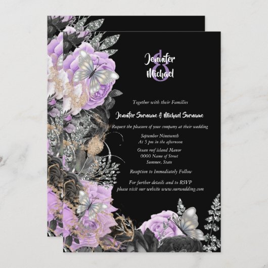 Invitation Papillon noir violet rose chic mariage élégant (Devant / Derrière)