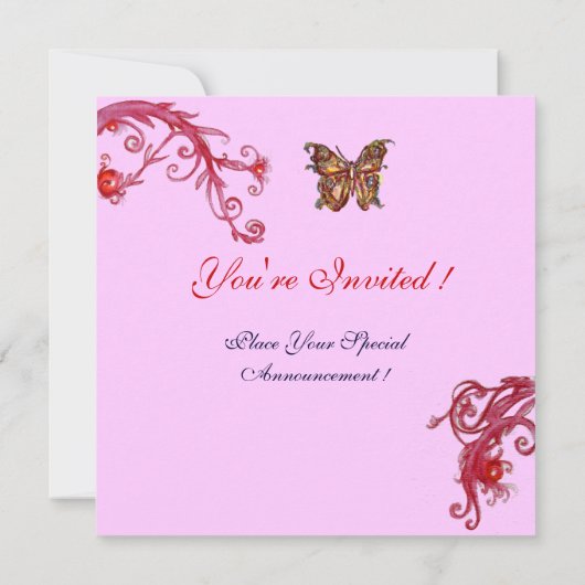 Invitation PAPILLON OR EN OR rose rouge vif (Dos)