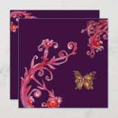 Invitation PAPILLON OR EN OR, rouge vif et violet foncé (Devant / Derrière)