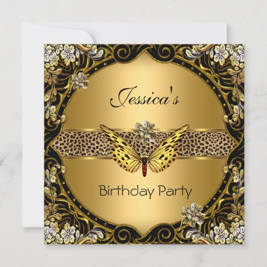 Invitation Papillon Or Noir Léopard Fête d'anniversaire (Devant)