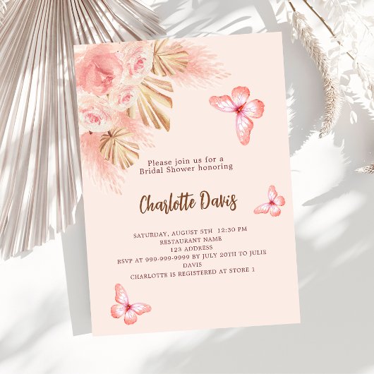 Invitation Papillon pampas herbe rose rose rose Fête des mari