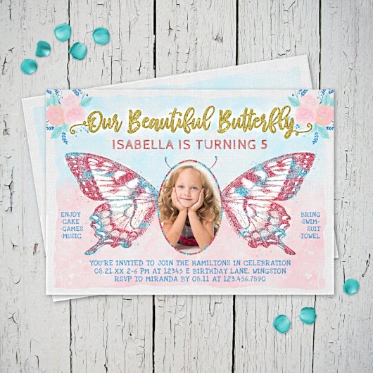 Invitation Papillon Photo Girls mignonne enfant rose fête d'a