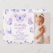 Invitation Papillon photo Whimsical violet 1er anniversaire (Devant / Derrière)
