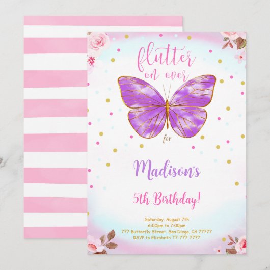 Invitation papillon pour 5e anniversaire (Devant / Derrière)