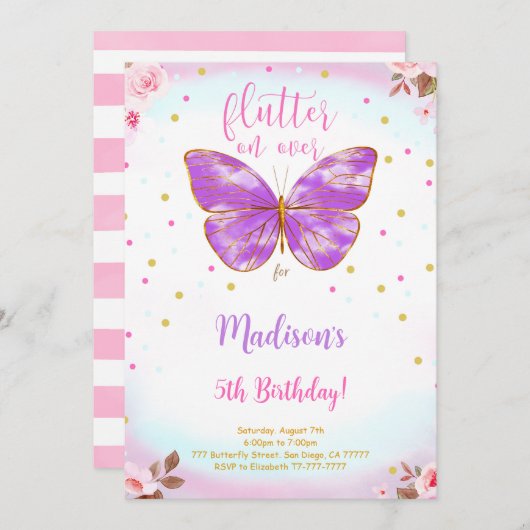 Invitation papillon pour 5ème anniversaire (Devant / Derrière)