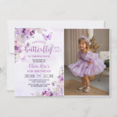 Invitation Papillon pourpre Floral Girl Anniversaire Photo (Devant)