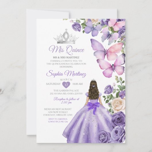 Invitation Papillon pourpre Lilac Quinceanera Couronne d'anni (Devant)