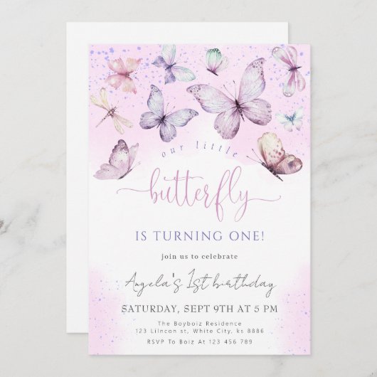 Invitation Papillon pourpre Notre petit Baby shower papillon (Devant / Derrière)
