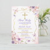 Invitation Papillon pourpre Rose Floral Première communion sa (Debout devant)