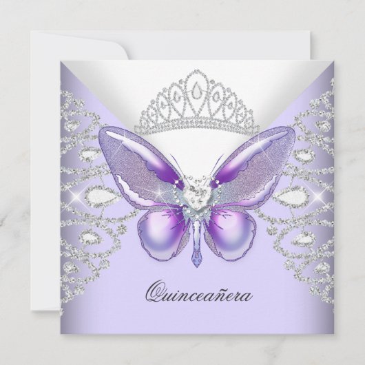 Invitation Papillon pourpre Tiara Quinceanera 15ème Parti (Devant)
