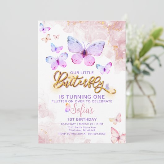 Invitation Papillon Premier anniversaire fille 1ère invitatio (Debout devant)