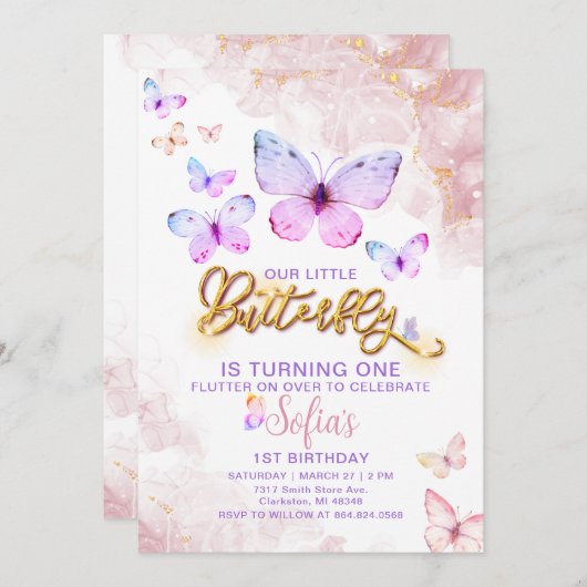 Invitation Papillon Premier anniversaire fille 1ère invitatio (Devant / Derrière)