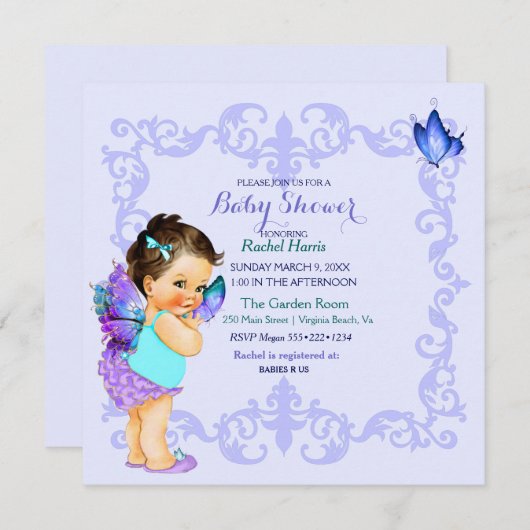 Invitation Papillon Princesse Bébé Fille Lavande (Devant / Derrière)