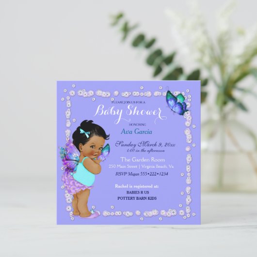 Invitation Papillon Princesse Bébé Fille pourpre Turquoise (Debout devant)