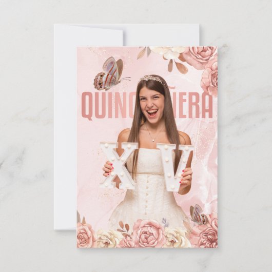 Invitation Papillon princesse Floral Quinceanera rose Gold (Devant)
