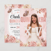 Invitation Papillon princesse Floral Quinceanera rose Gold (Devant / Derrière)