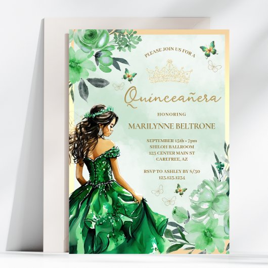 Invitation Papillon princesse Floral vert Quinceañera