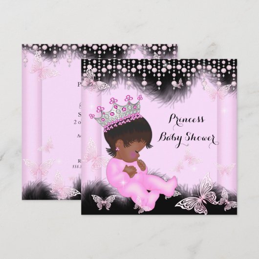 Invitation Papillon Princesse Rose Noir Fête de Naissance Eth (Devant / Derrière)