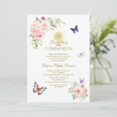 Invitation Papillon Printemps Blush Floral Or Sainte Communio (Debout devant)
