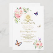 Invitation Papillon Printemps Blush Floral Or Sainte Communio (Devant / Derrière)